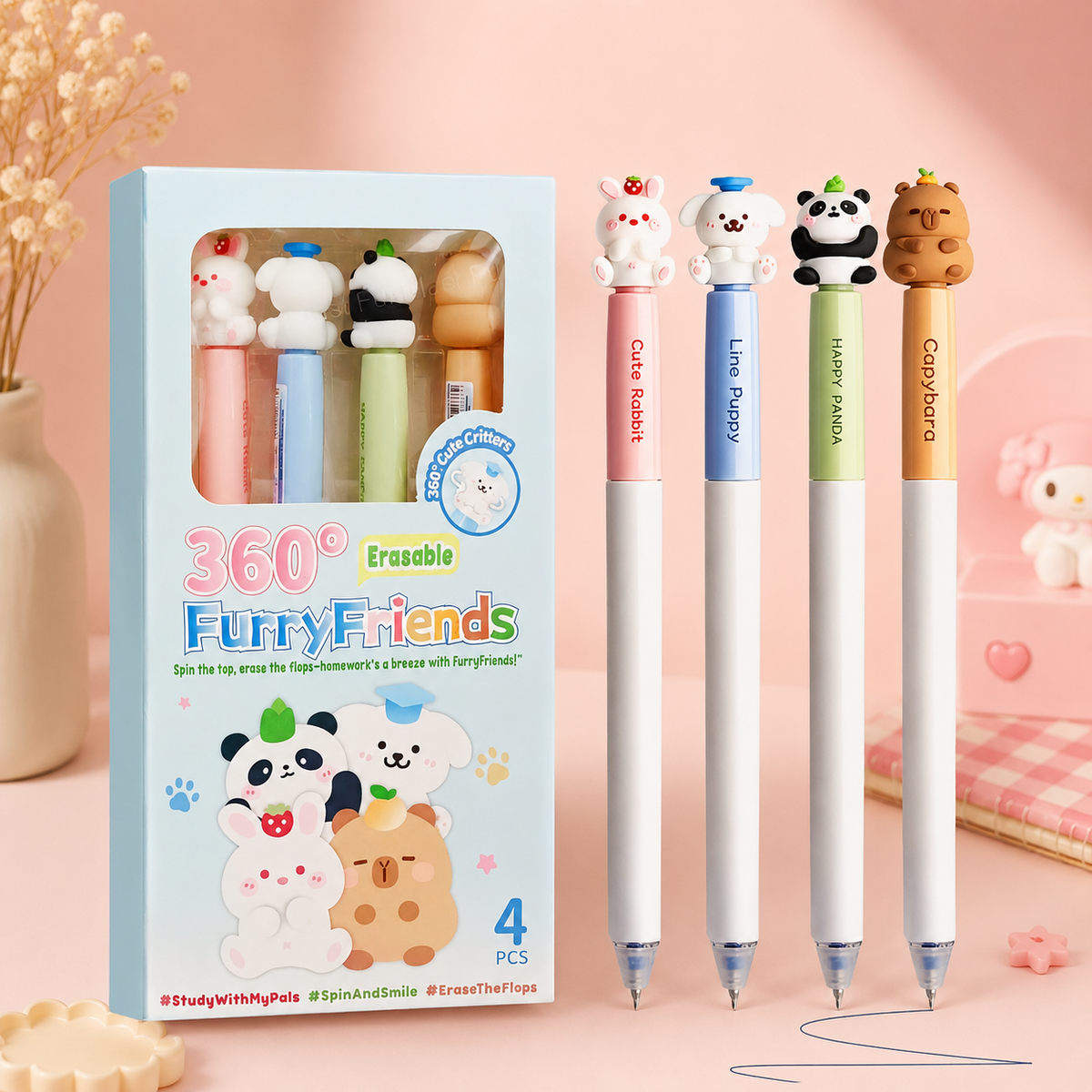 360° Furry Friends Erasable Gel Pen Set of 4
