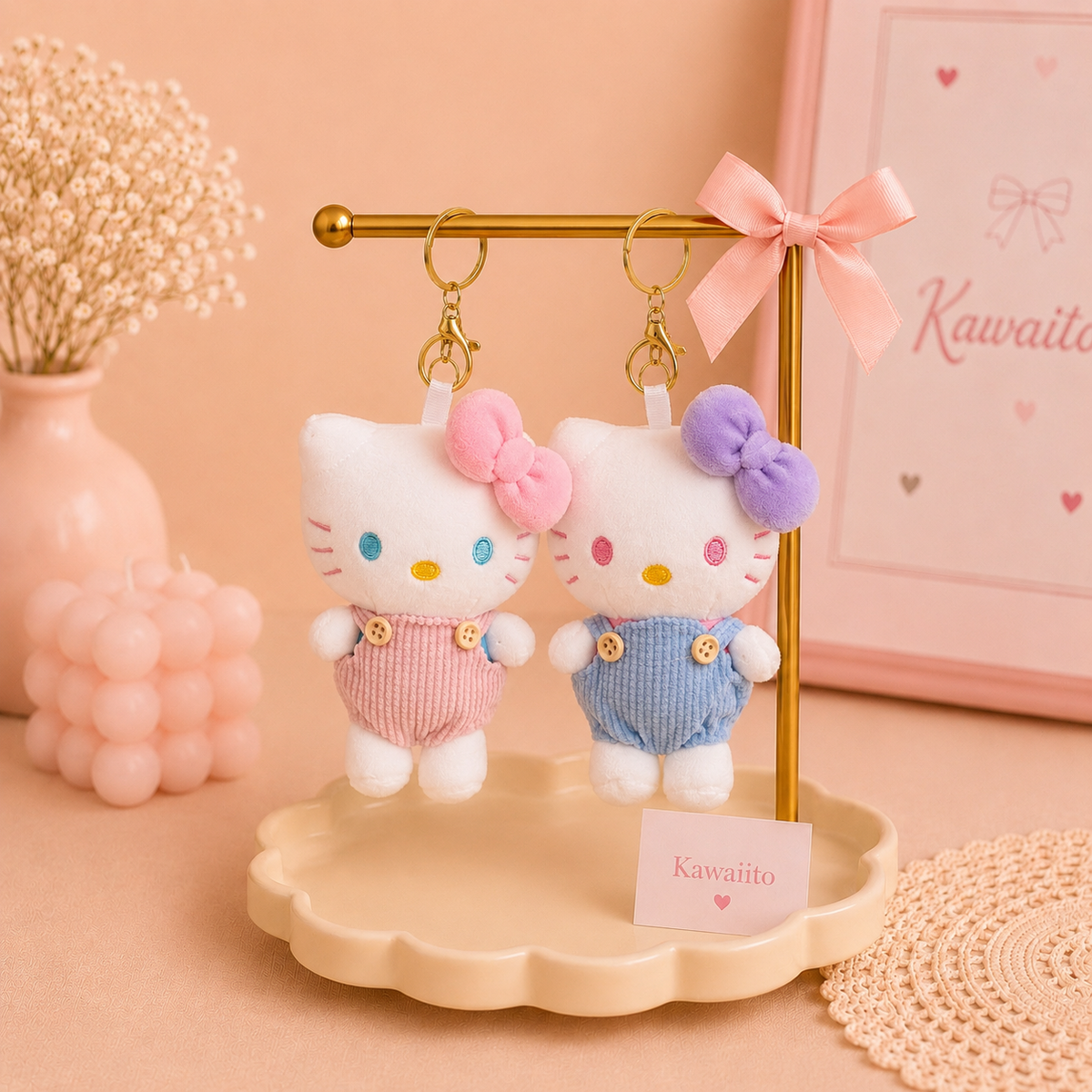 Kawaii Kitty Cat Corduroy Plush Keychain & Bagcharm