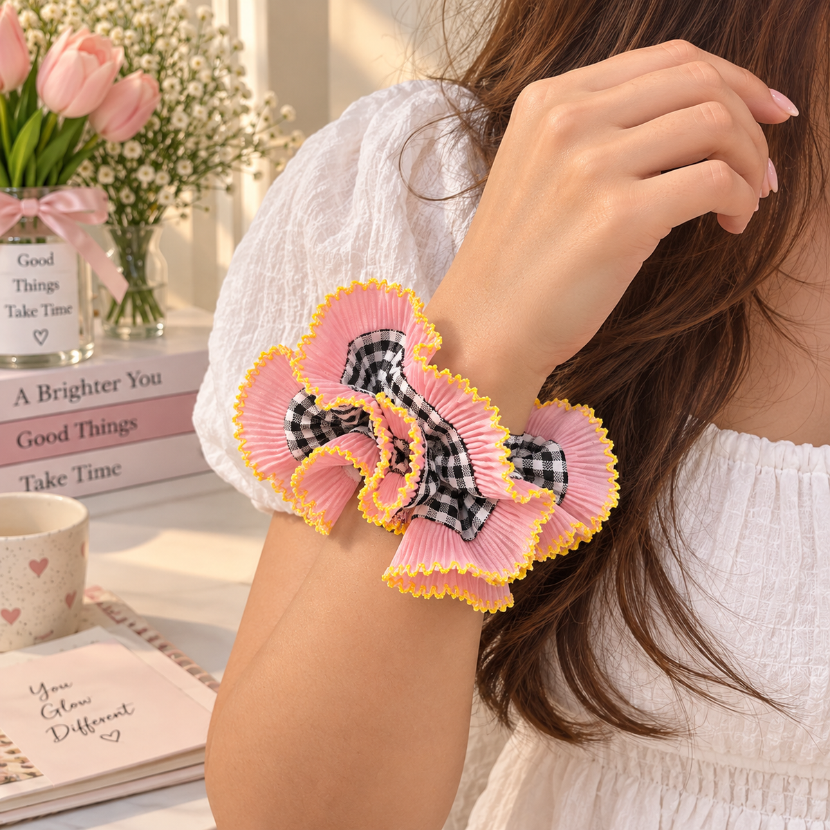 Ruffle Scrunchie – Pink & Gingham