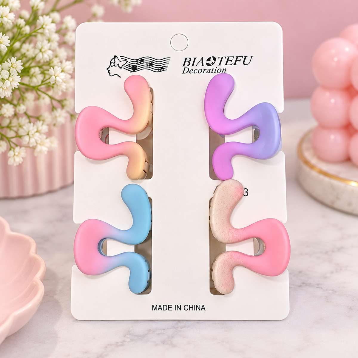 Pastel Kawaii Hair Claw Clips Set — Flower, Seashell & Wavy Styles (Pack of 4)