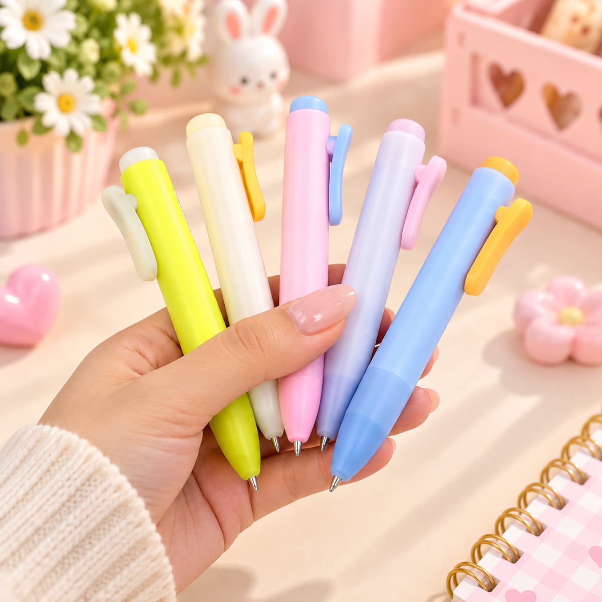 Five pastel gel pens in grey, green, pink, blue and cream
