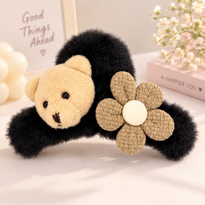 Fluffy Bear Flower Hair Clip | Kawaii Plush Claw Clip