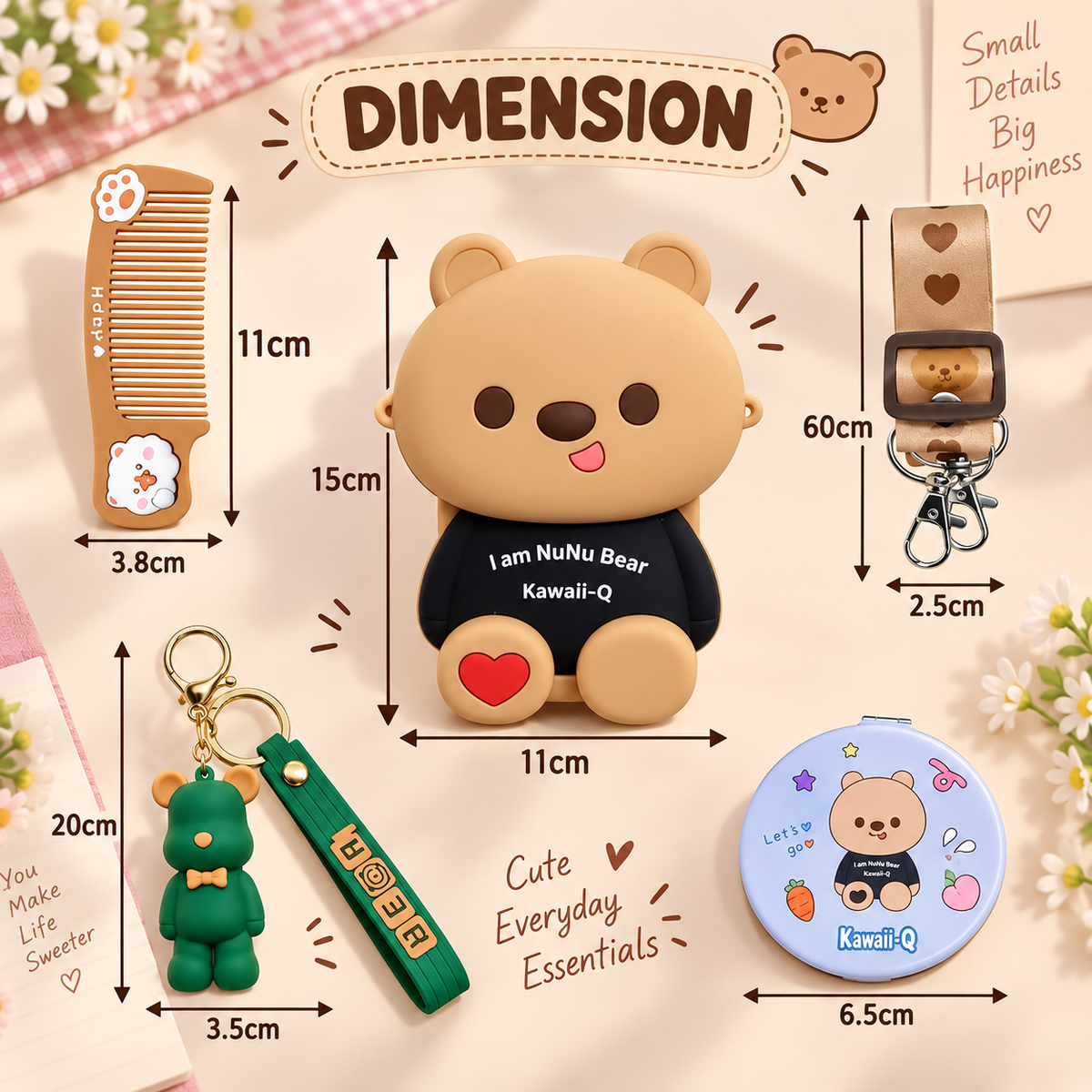 NuNu Bear Kawaii-Q Gift Set – Silicone Bag, Mirror, Keychain & Comb