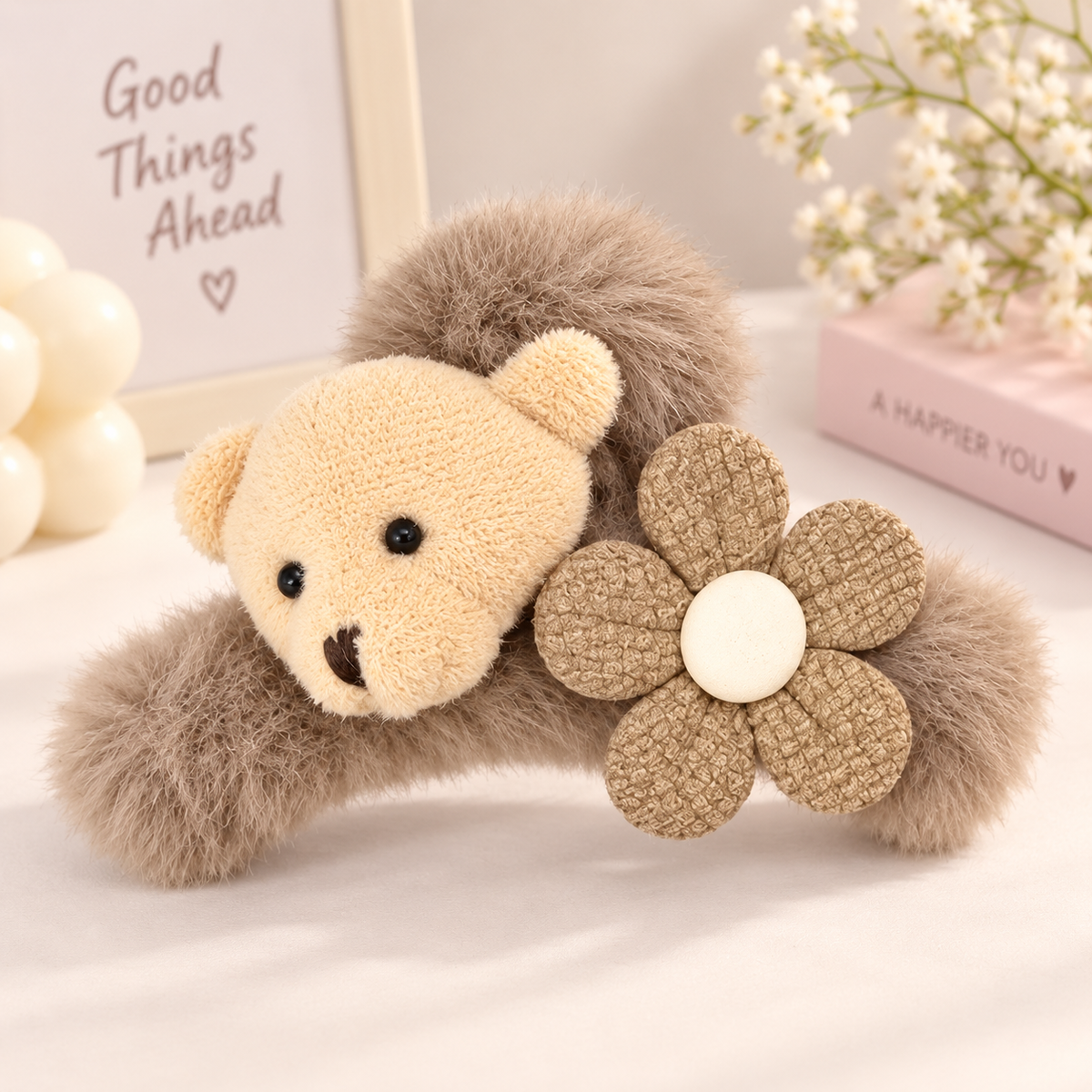 Fluffy Bear Flower Hair Clip | Kawaii Plush Claw Clip