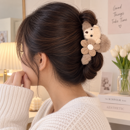Fluffy Bear Flower Hair Clip | Kawaii Plush Claw Clip