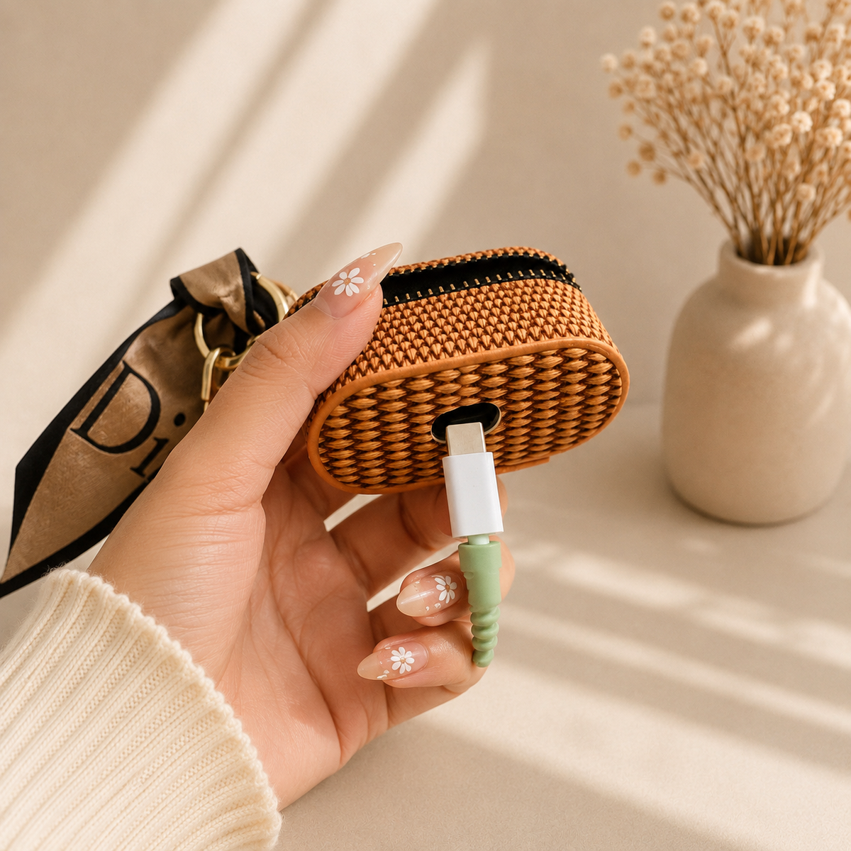 Bag Charm with Zipper & Silk Scarf Keychain for EarPods & mini essentials.