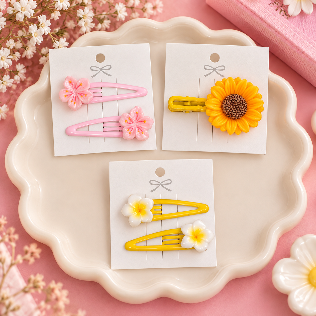Flower Snap Hair Clips – Cherry Blossom, Sunflower & Plumeria