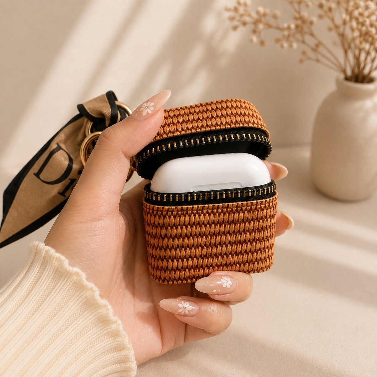 Bag Charm with Zipper & Silk Scarf Keychain for EarPods & mini essentials.