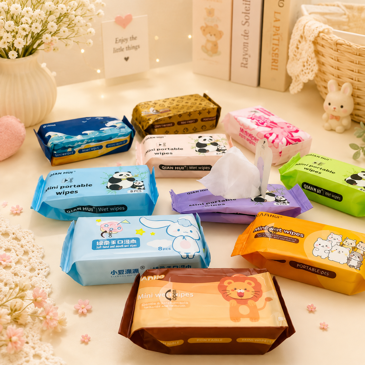 Full collection of mini wet wipe packs in various designs on pastel background