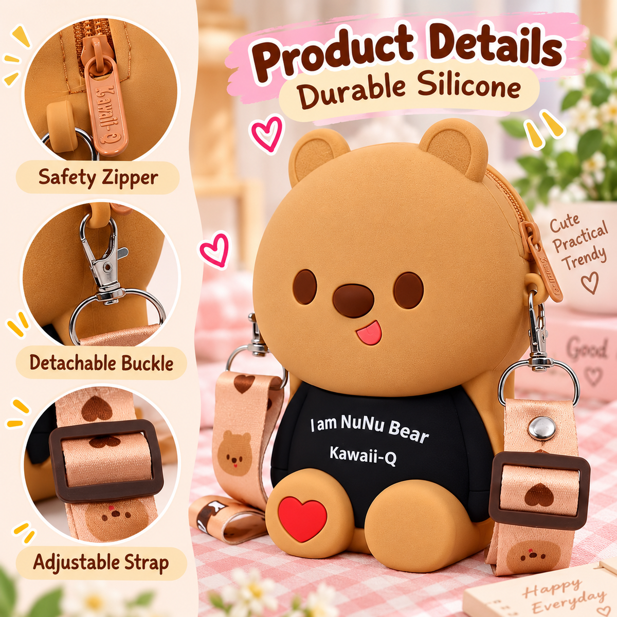 NuNu Bear Kawaii-Q Gift Set – Silicone Bag, Mirror, Keychain & Comb