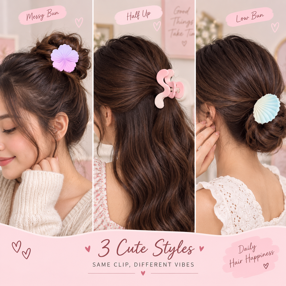 Pastel Kawaii Hair Claw Clips Set — Flower, Seashell & Wavy Styles (Pack of 4)