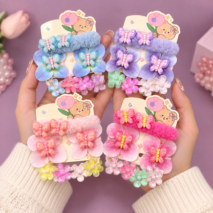 Kawaii Butterfly & Flower Hair Accessories Set for Girls | Fluffy Clip + Hair Ties