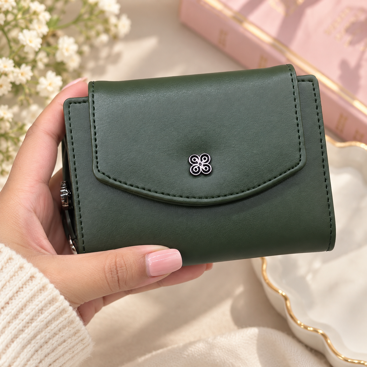 Premium Trifold Wallet for Women, Mini Zip Coin Purse with Card Slots & ID Window