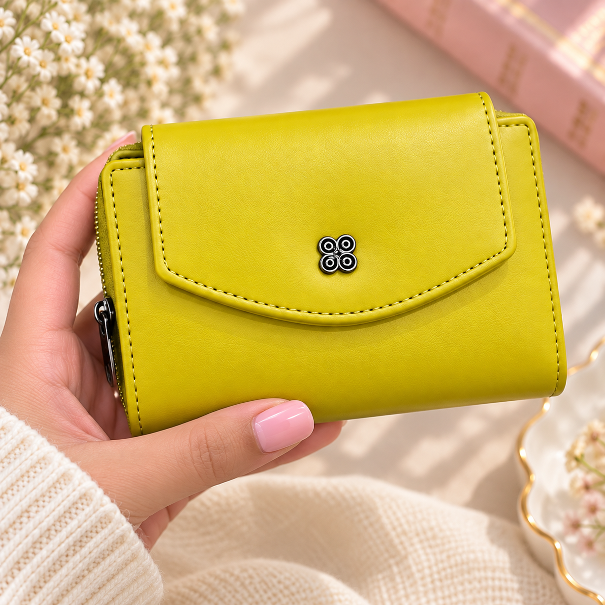 Premium Trifold Wallet for Women, Mini Zip Coin Purse with Card Slots & ID Window