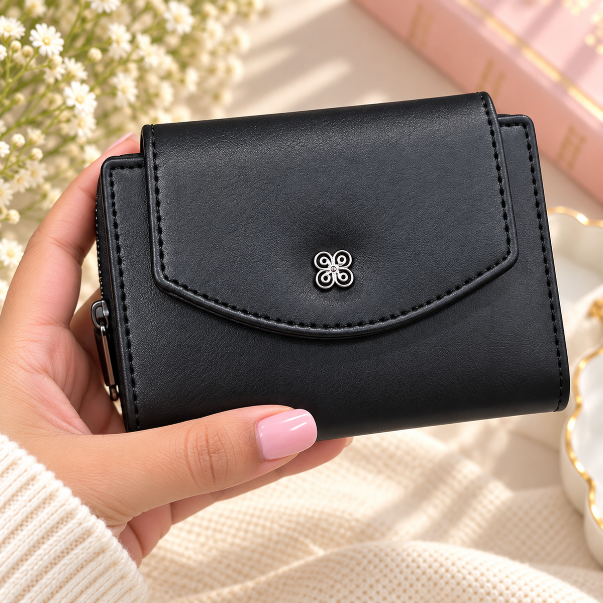 Premium Trifold Wallet for Women, Mini Zip Coin Purse with Card Slots & ID Window
