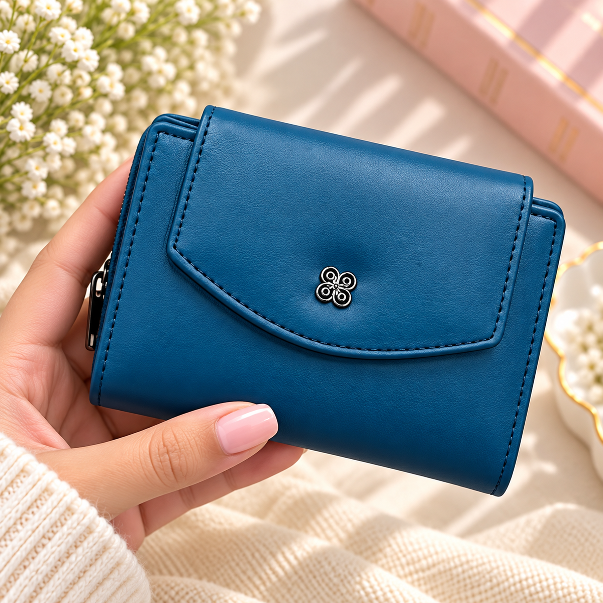 Premium Trifold Wallet for Women, Mini Zip Coin Purse with Card Slots & ID Window