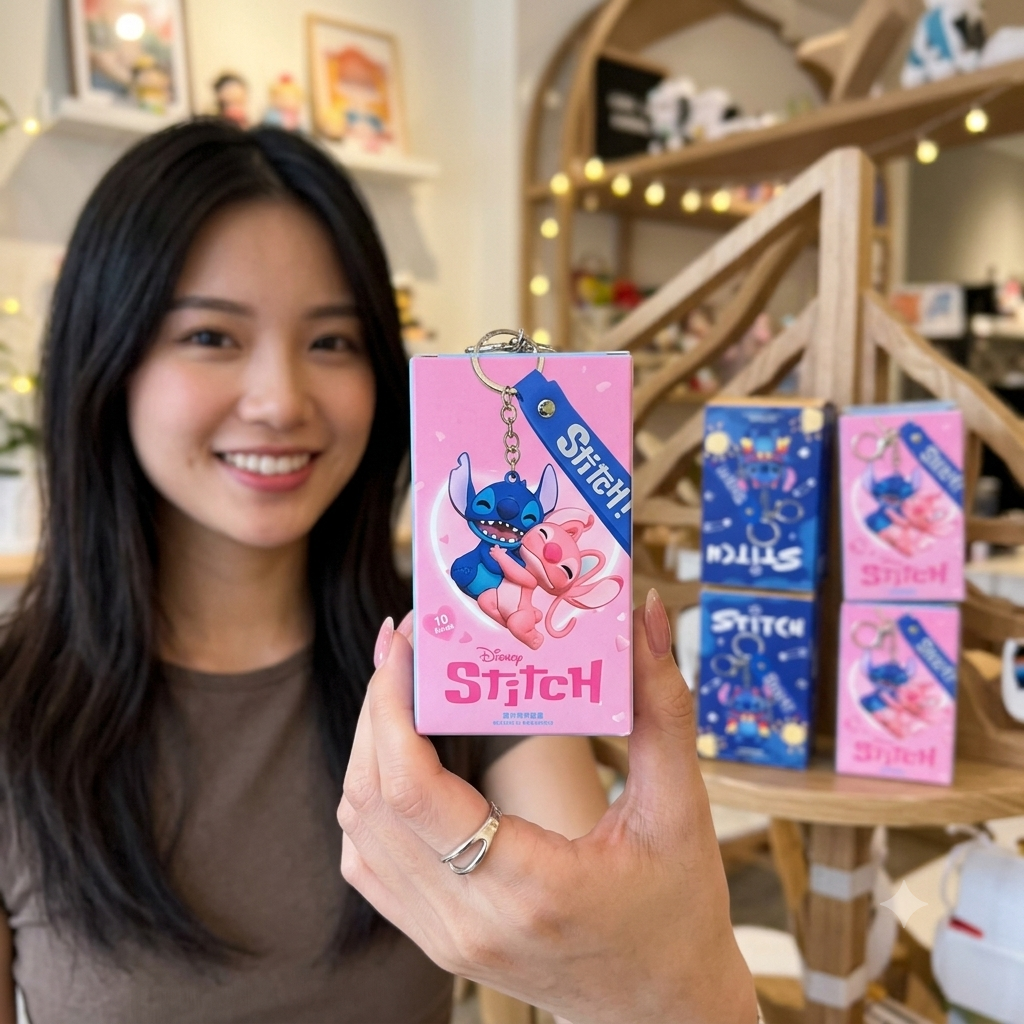 Pink Stitch mystery keychain box held in front of display