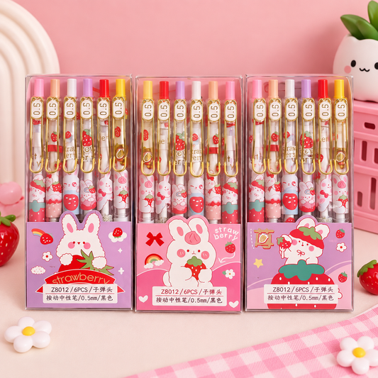 Strawberry Bunny Gel Pens — Pack of 6pcs