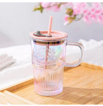 Panda Glass Mug with Straw & Lid 400ml