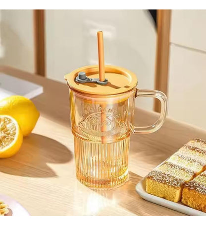 Panda Glass Mug with Straw & Lid 400ml