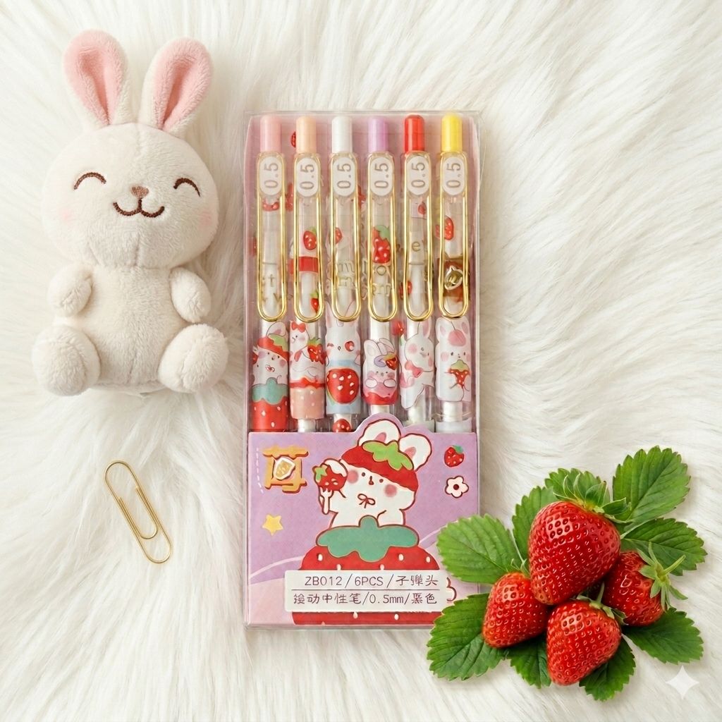 Strawberry Bunny Gel Pens — Pack of 6pcs