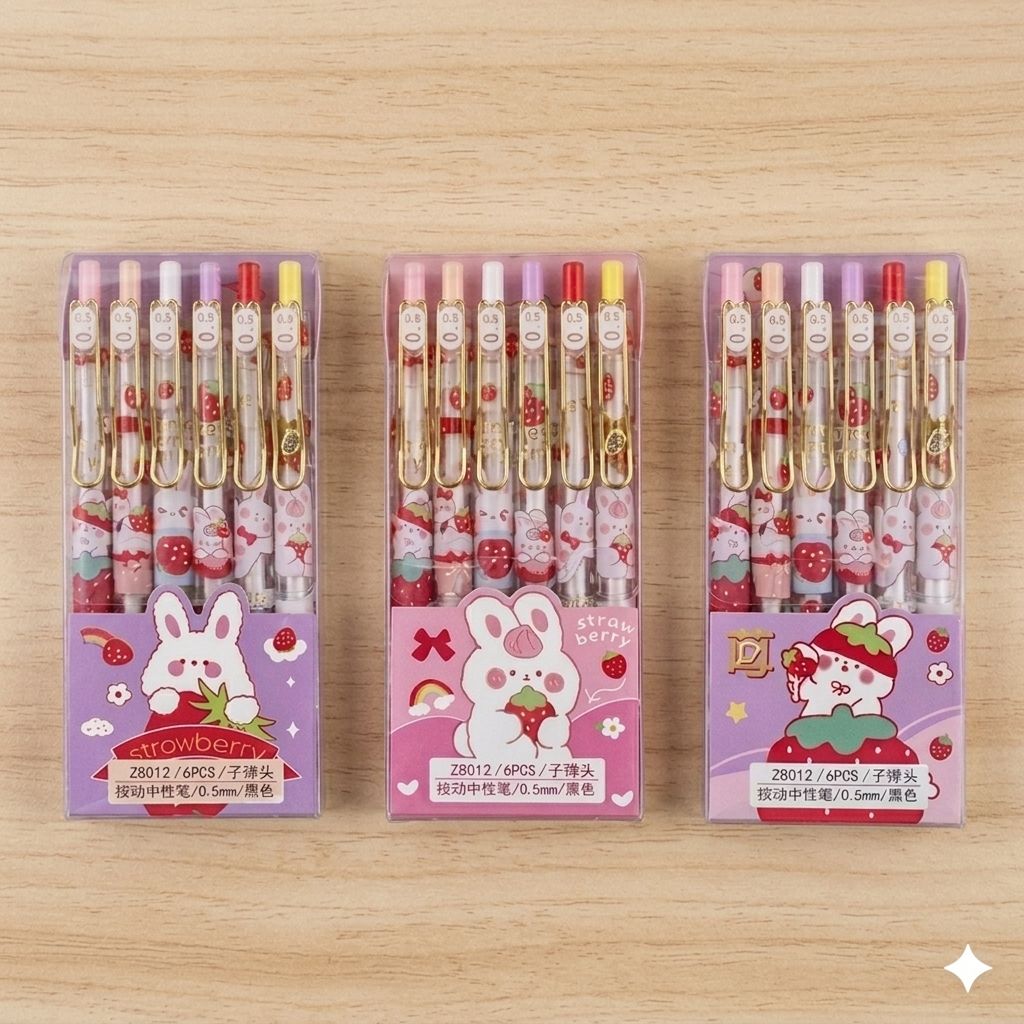 Strawberry Bunny Gel Pens — Pack of 6pcs