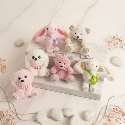 Rhinestone Plushie Bag Charm | Kawaii Bear, Bunny, Raccoon & Puppy Keychain