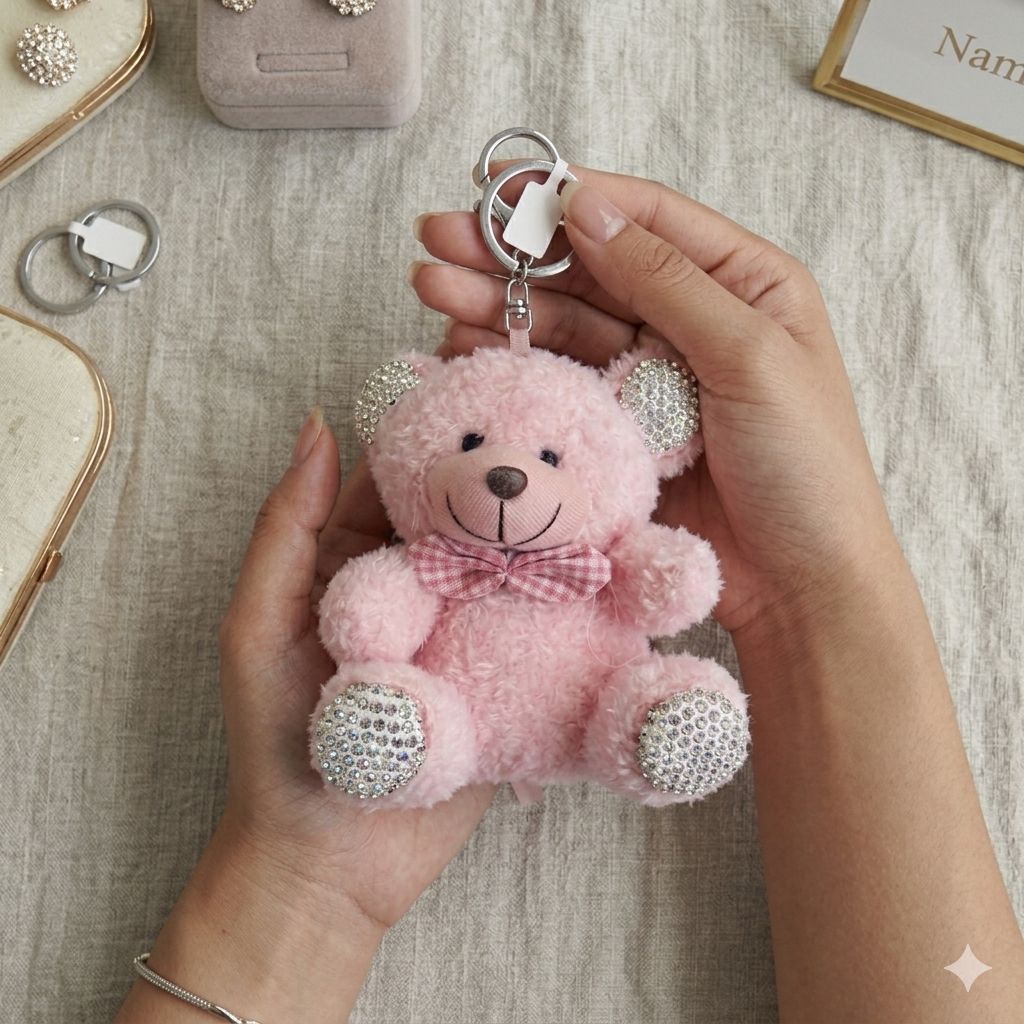 Rhinestone Plushie Bag Charm | Kawaii Bear, Bunny, Raccoon & Puppy Keychain