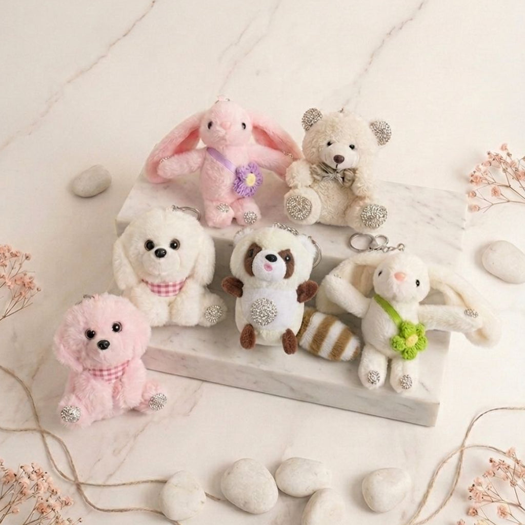 Rhinestone Plushie Bag Charm | Kawaii Bear, Bunny, Raccoon & Puppy Keychain