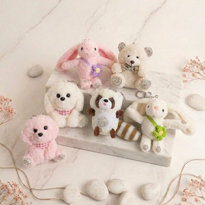 Rhinestone Plushie Bag Charm | Kawaii Bear, Bunny, Raccoon & Puppy Keychain