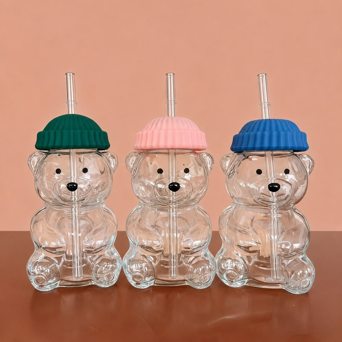 Teddy Bear Glass Tumbler with Straw