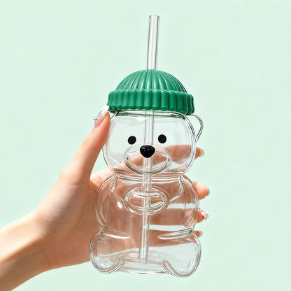 Teddy Bear Glass Tumbler with Straw