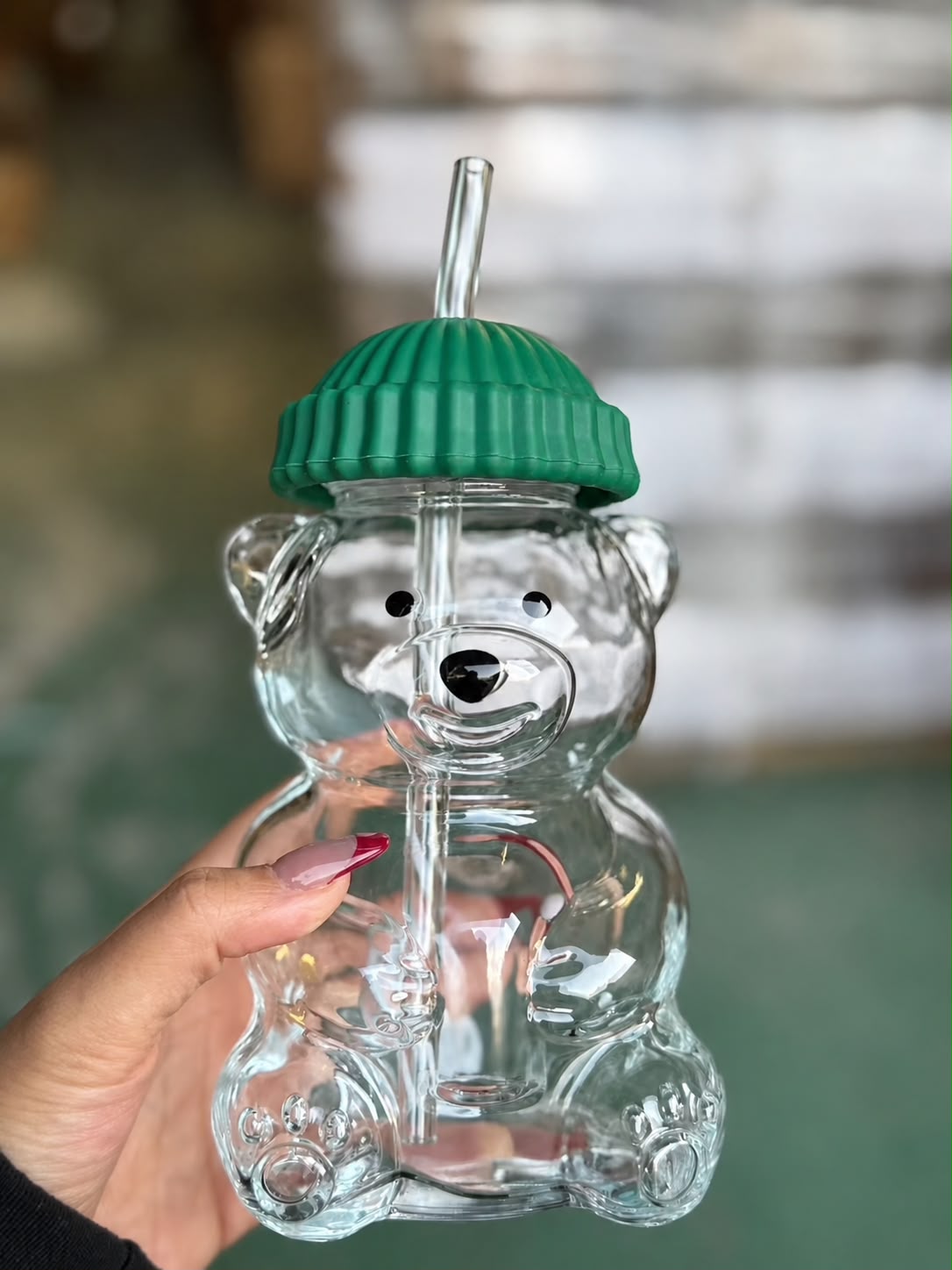 Teddy Bear Glass Tumbler with Straw