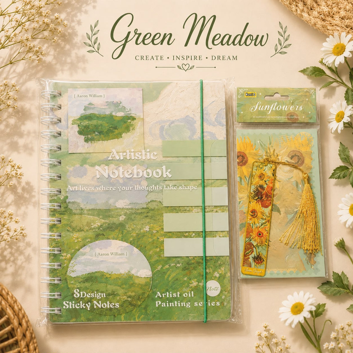 Artistic Spiral Notebook with Sticky Notes | Artist Oil Painting Series | Monet & Van Gogh Inspired