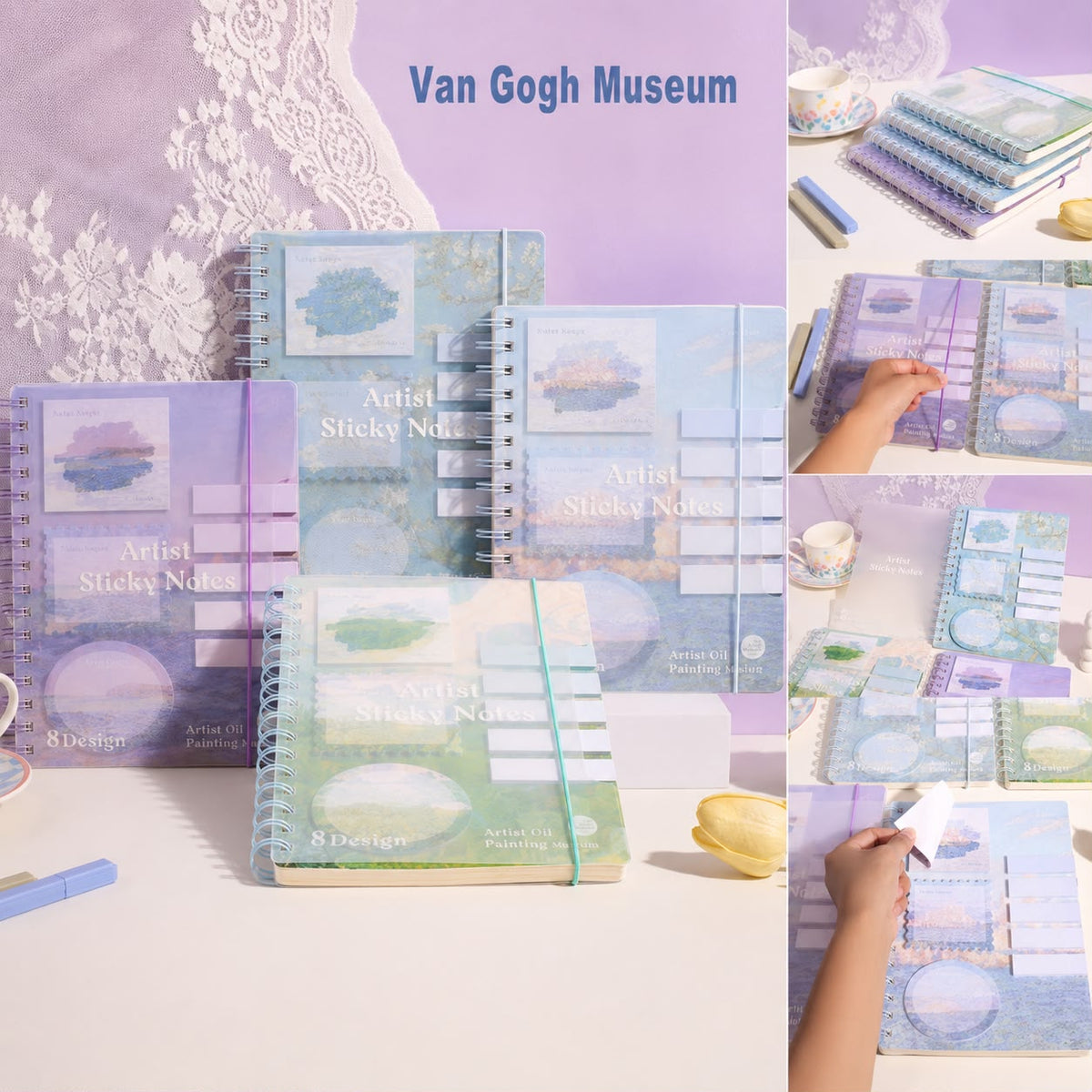 Artistic Spiral Notebook with Sticky Notes | Artist Oil Painting Series | Monet & Van Gogh Inspired