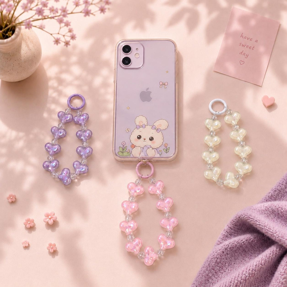 Phone Charm | Puffy Heart Beaded - Cute Loop Wrist Strap Accessory