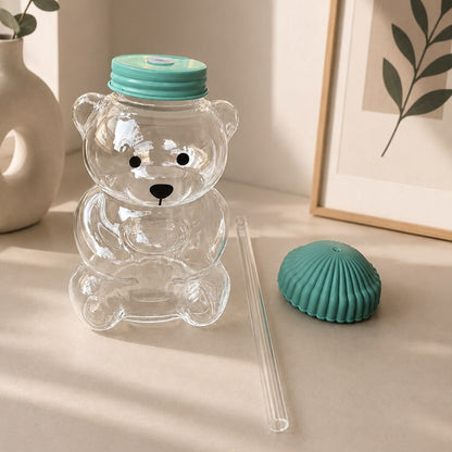 Teddy Bear Glass Tumbler with Straw