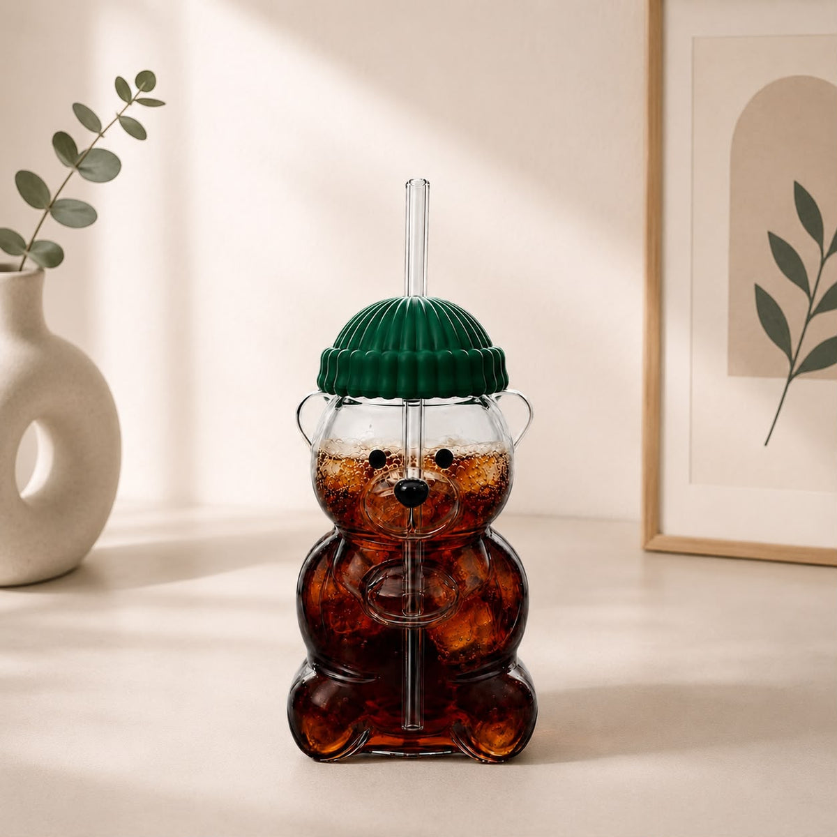 Teddy Bear Glass Tumbler with Straw