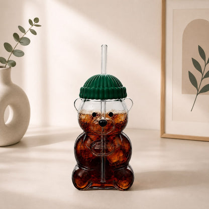 Teddy Bear Glass Tumbler with Straw