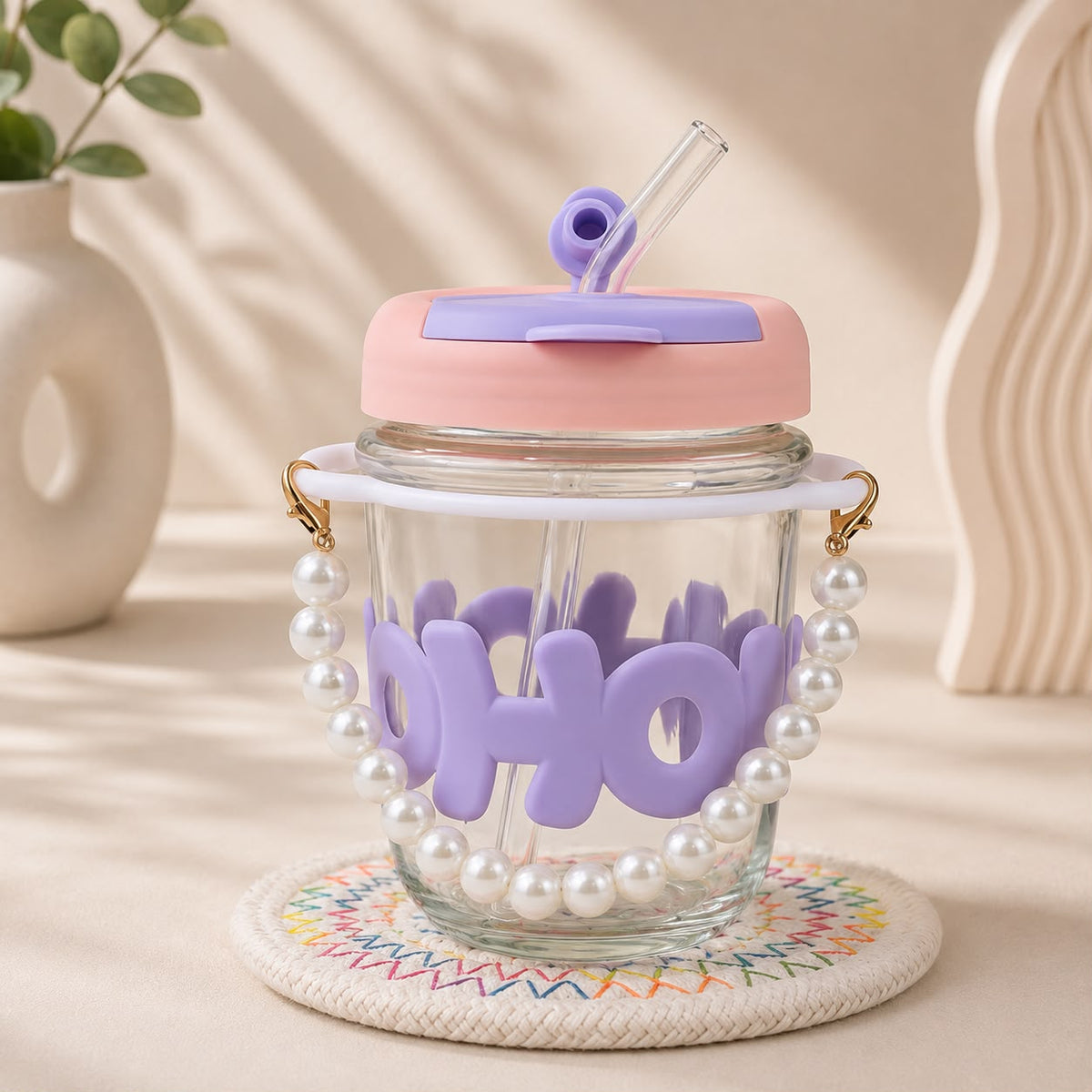 Kawaii Glass Pearl Handle Sipper with Straw – 3D Letter Lid