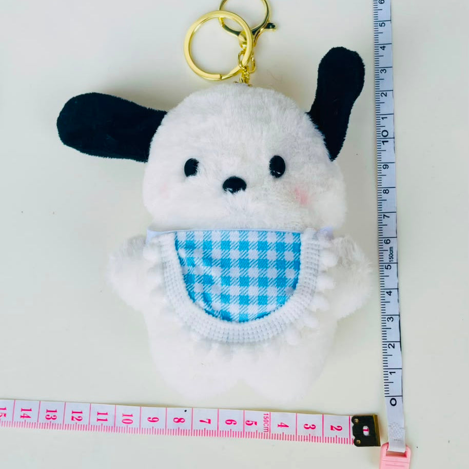 Kawaii Puppy Plush Keychain | Fluffy Dog Bag Charm with Gingham Bib – Pink & Blue