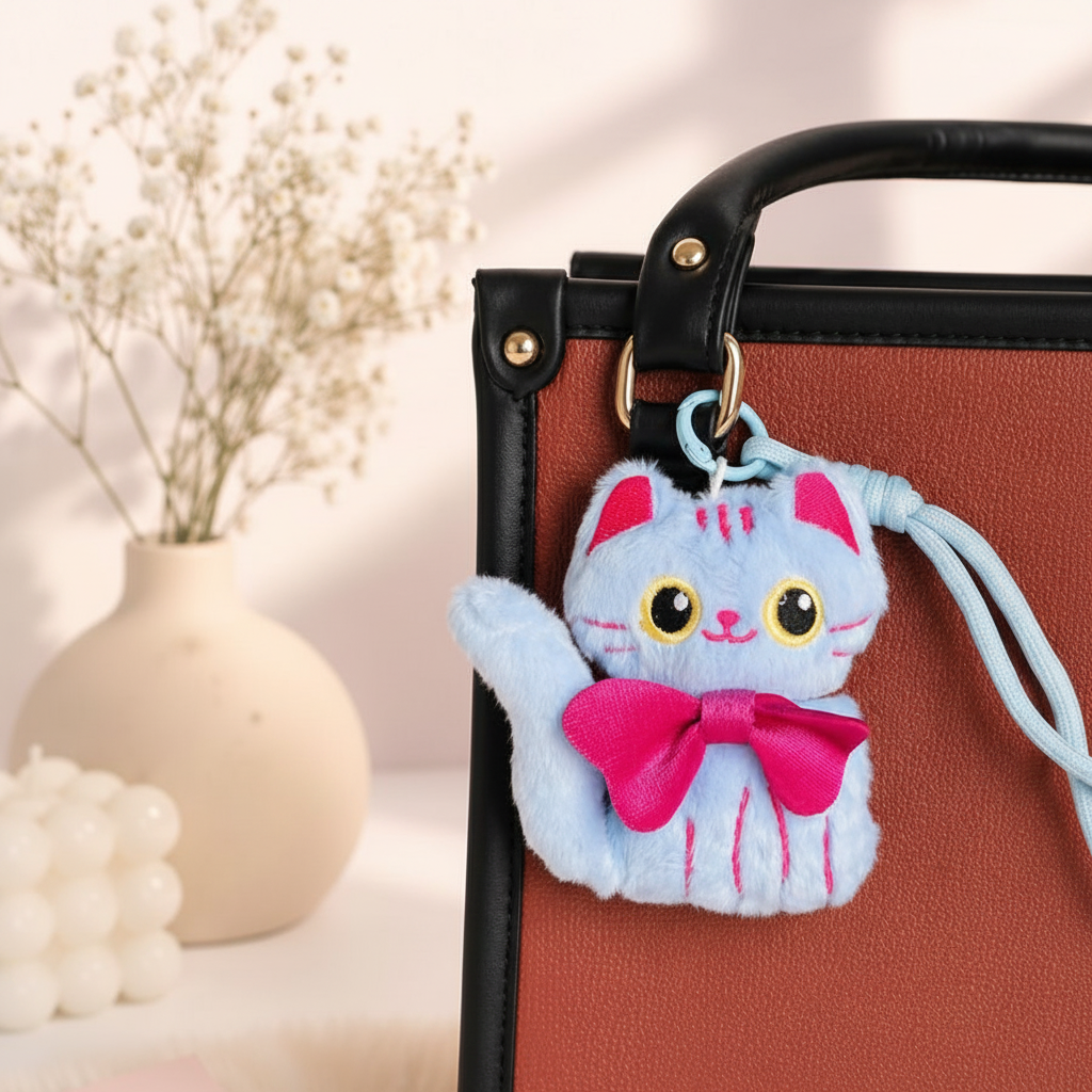 The Nerdy Cats Club Plush Keychain | Kawaii Cat Bag Charm with Bow