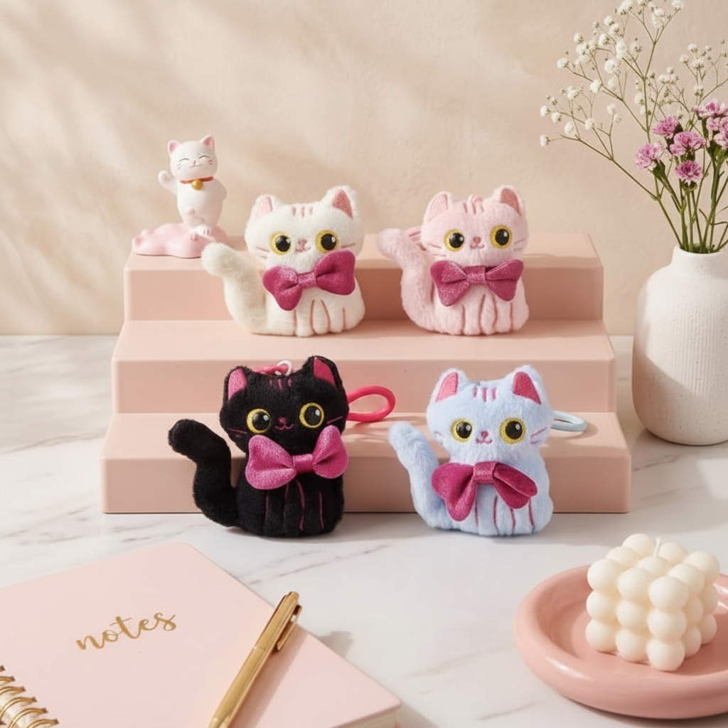 The Nerdy Cats Club Plush Keychain | Kawaii Cat Bag Charm with Bow