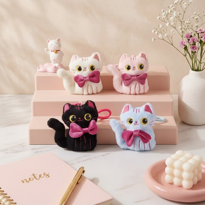 The Nerdy Cats Club Plush Keychain | Kawaii Cat Bag Charm with Bow