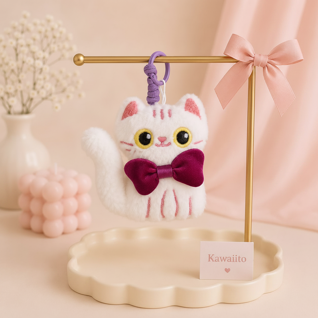The Nerdy Cats Club Plush Keychain | Kawaii Cat Bag Charm with Bow